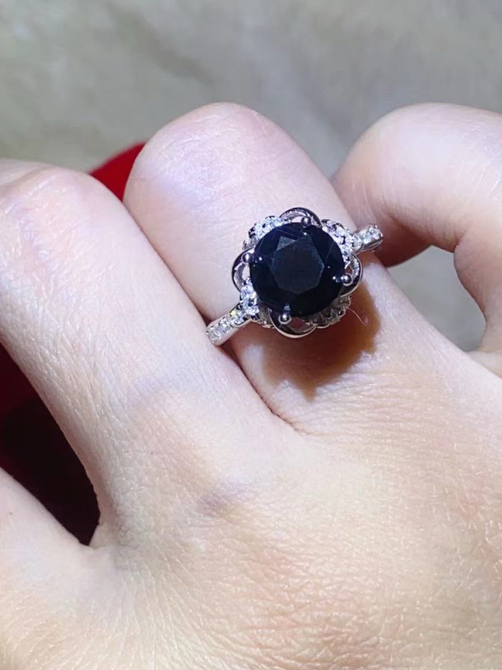 2CT Black Moissanite Floral Ring 925 Sterling Silver Platinum Plated VVS1 CERT